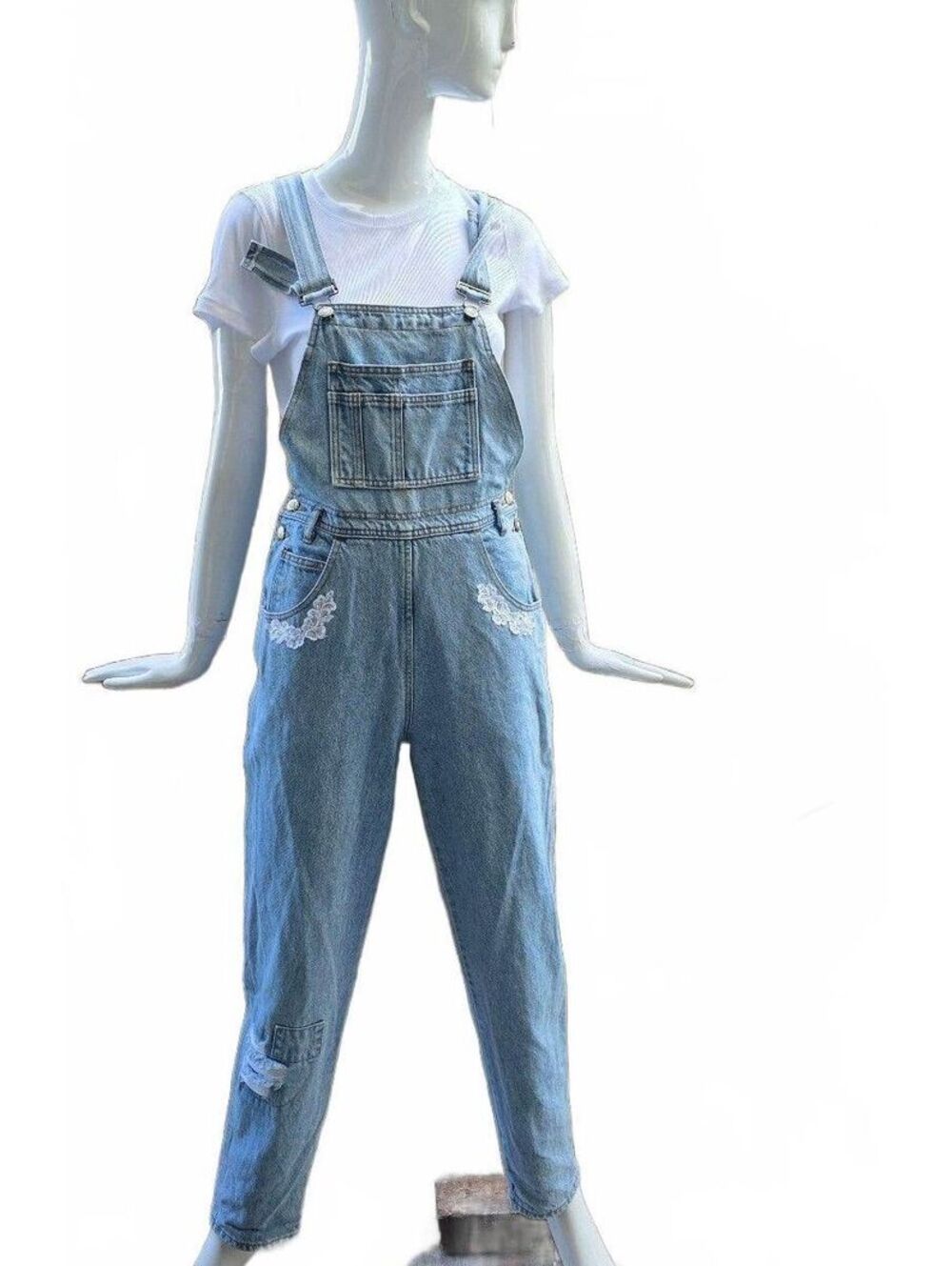 BLUHMOD Vintage Distressed Denim Overalls Lace Accent Blue Hickory Stripe S